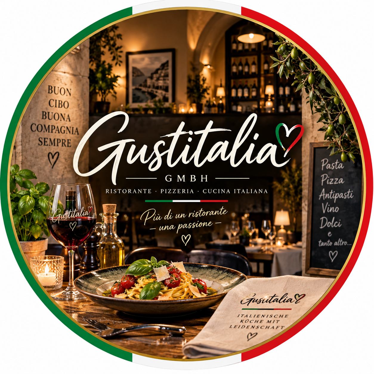 Gustitalia – italienisches Restaurantambiente mit Pasta, Wein und italienischem Rahmen